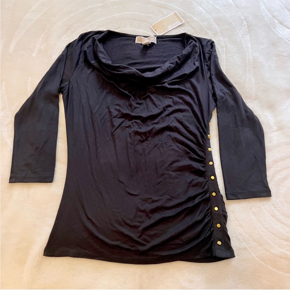 Women's Black Long-Sleeve Cowl Neck Top with Side Button Detail Size S NWT
